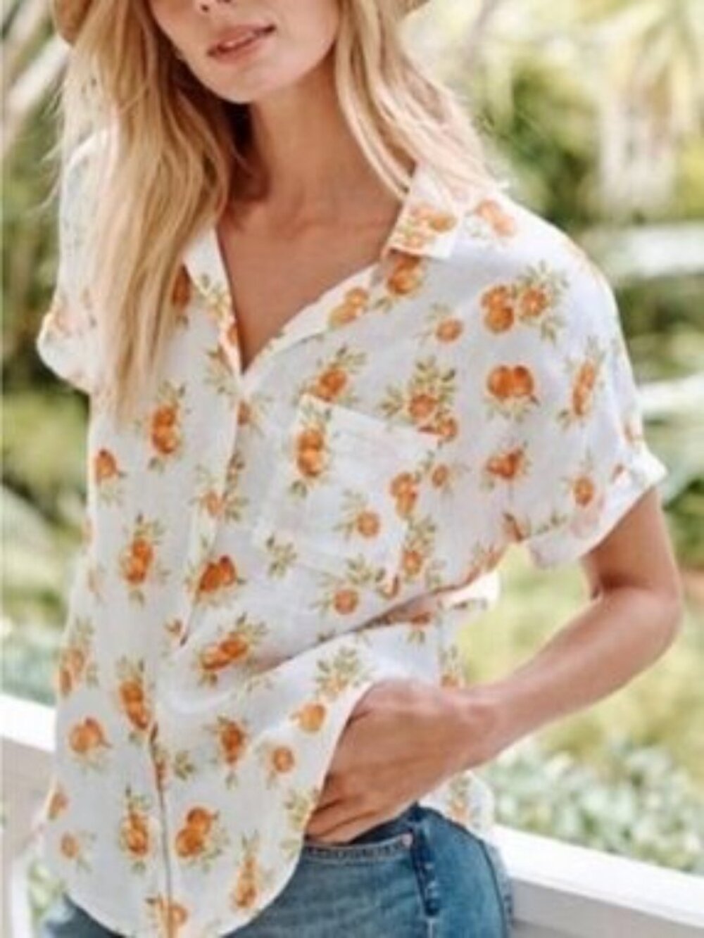 Garnet Hill Womens Size 12 Linen Top Citrus Fruit Button-Up Flax White Orange